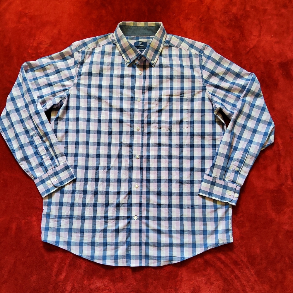 George Long Sleeve Button Down Shirt Blue White Pink Plaid Men's Large *Snag*